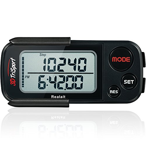 3DTriSport Walking Pedometer with Clip & Strap, Step Counter- Stealth Black