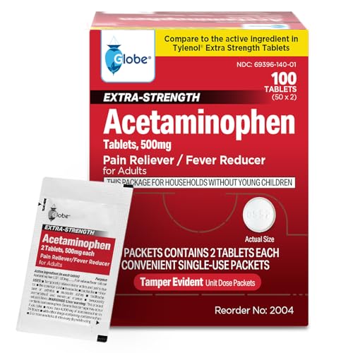 Globe Acetaminophen Tablets 500 mg, Extra Strength, 100 Count Packets