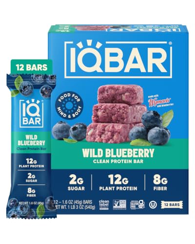 IQBAR Clean High Protein Bars, Low Sugar Snack, Wild Blueberry 12ct | 12g Plant Protein, 8g Fiber, 2g Sugar | GLP-1 & Keto Friendly | Vegan, Gluten Free, Dairy Free, Non-GMO, Kosher