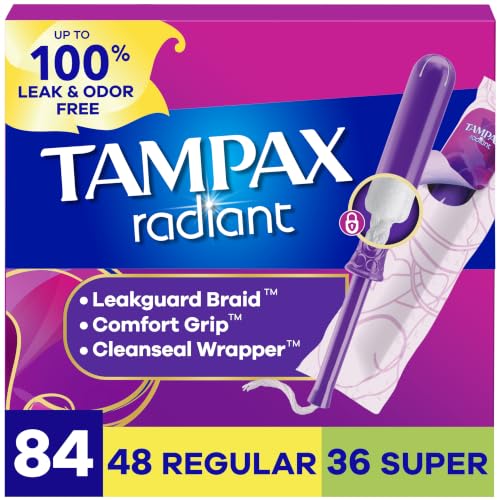 Tampax Radiant Tampons for Women Multipack, with LeakGuard Braid, Regular/Super Absorbency, Unscented,