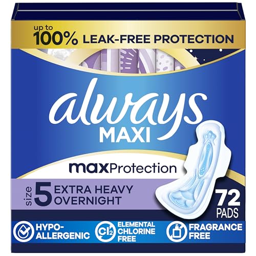 Always Maxi Overnight Pads with Wings, Size 5, Extra Heavy Overnight, Unscented,