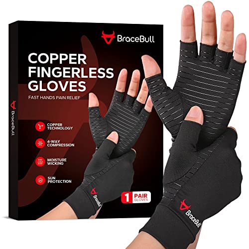 BraceBull Arthritis Gloves (1 Pair), Copper Infused Fingerless Compression Gloves for Relieve