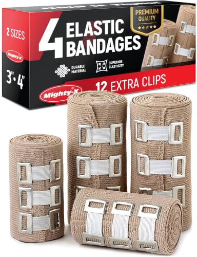 Premium Elastic Bandage Wrap - 4pk (2x3in, 2x4in) + 12 Extra Clips