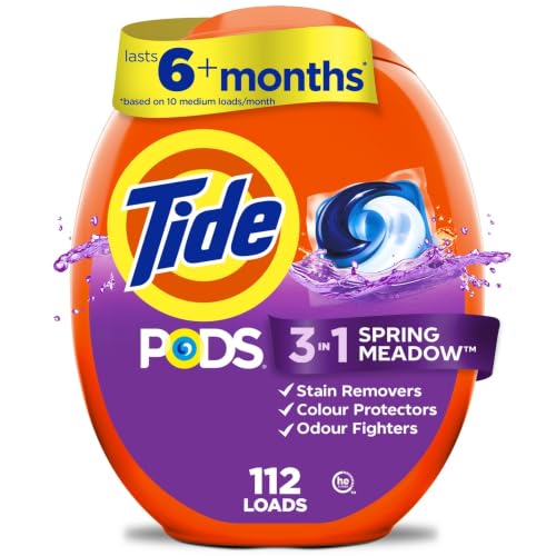 Tide PODS laundry detergent pacs, 3-in-1 Stain Remover, Odor Fighter, Color Protector, 112 Count, HE compatible, Spring Meadow Scent