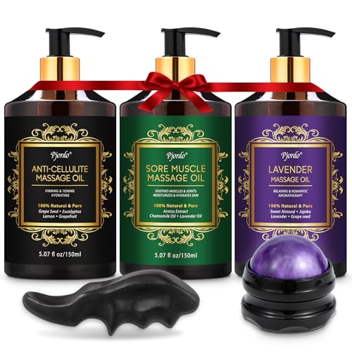 Pjordo 3 Pack Massage Oil for Massage Therapy, Lavender Oil for Relaxation, Sore Muscle Arnica Oil & Cellulite Massage Oil, with Massage Roller Ball & Thumb Saver Tool, Massage Kit for Him Her