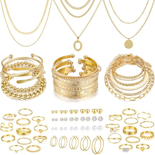 FAXHION 68 Pcs Gold Jewelry Set for Women with 7 Necklace, 17