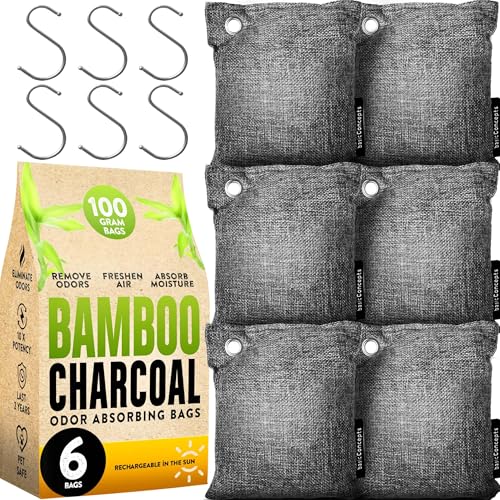 Charcoal Odor Absorber for Strong Odor (6 Pack, 100g each), Bamboo Charcoal