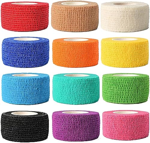 12 Pack Self Adhesive Bandage Wrap, 1" x 5 Yards, Cohesive Athletic