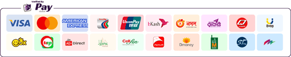Accepted payment methods — Visa, Mastercard, American Express, bKash, Nagad, Rocket, Upay and more, verified by PayStation